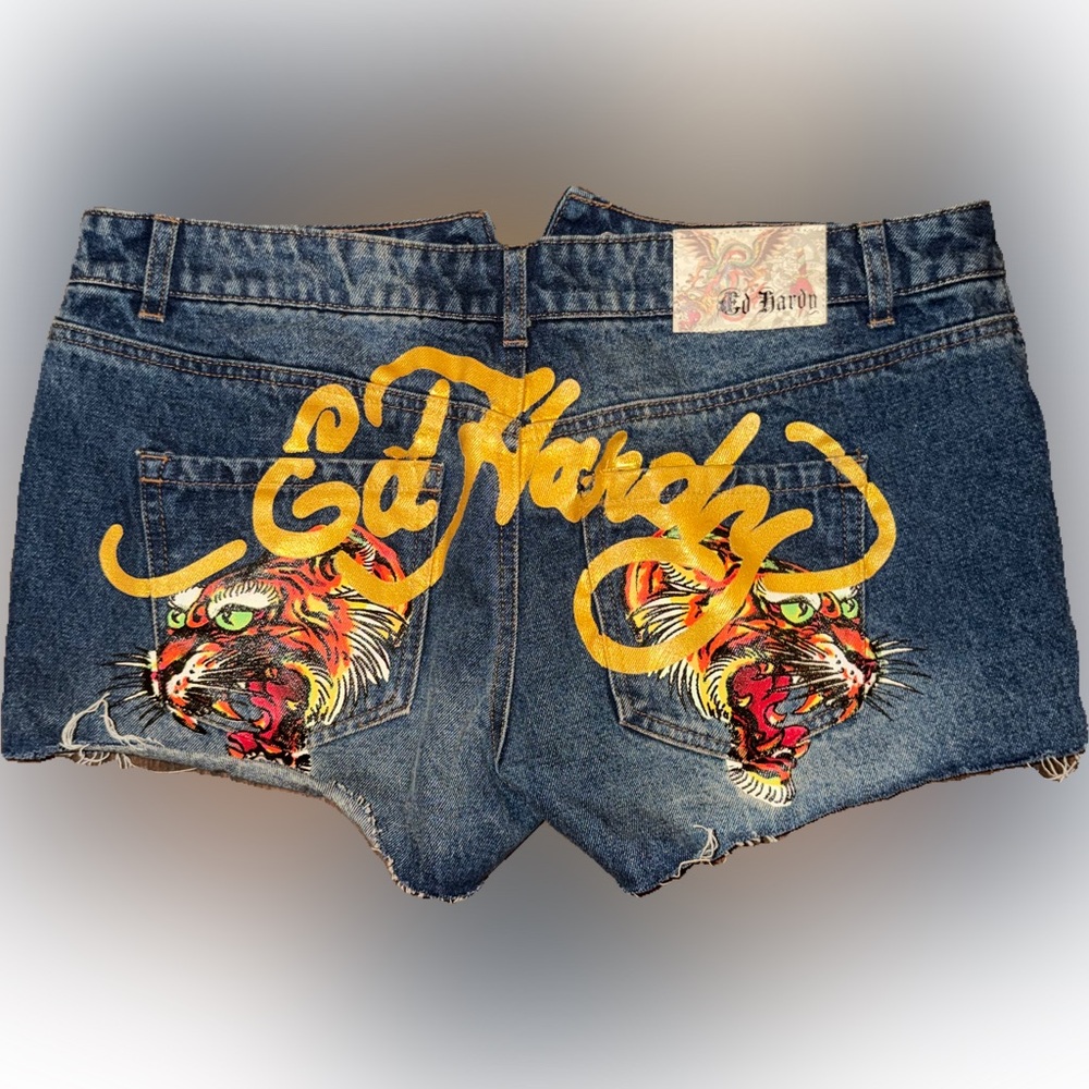 Ed Hardy Blue Denim Shorts with Tiger and Yellow Script